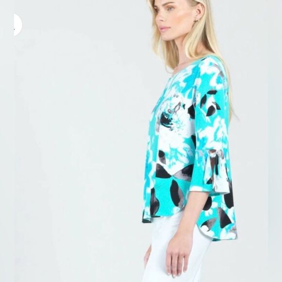 Clara Sunwoo Floral Print Tie Cuff Top Vibrant Blue Lightweight Sz Medium NWT - Picture 2 of 16